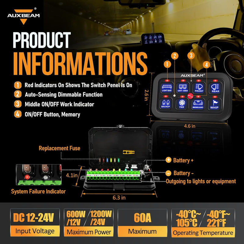 Auxbeam 8 Gang Switch Control Panel