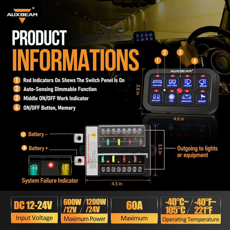 Auxbeam 8 Gang Switch Control Panel